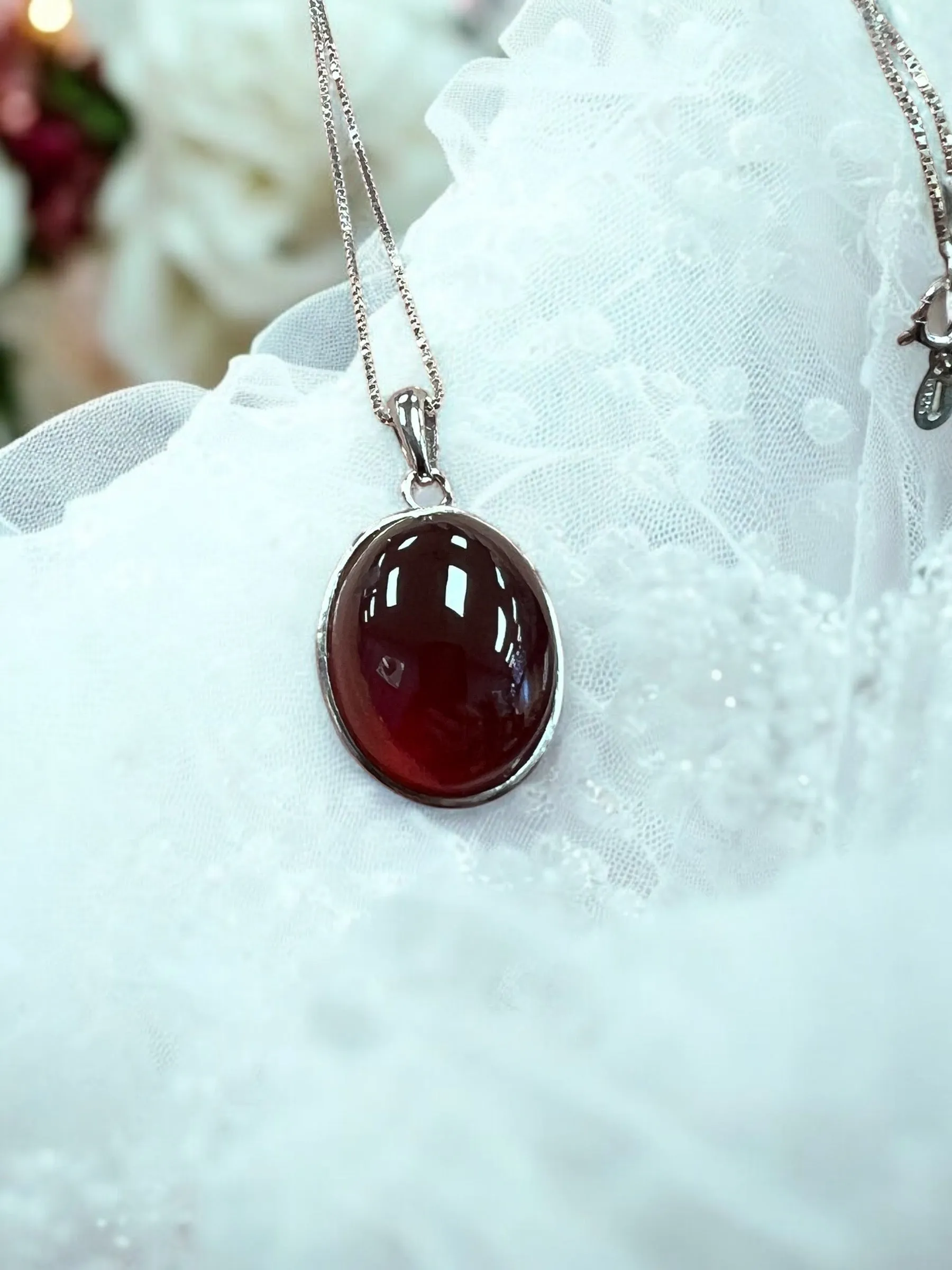 Garnet Red Crystal Necklace, 925 Silver Necklace, January Birthstone