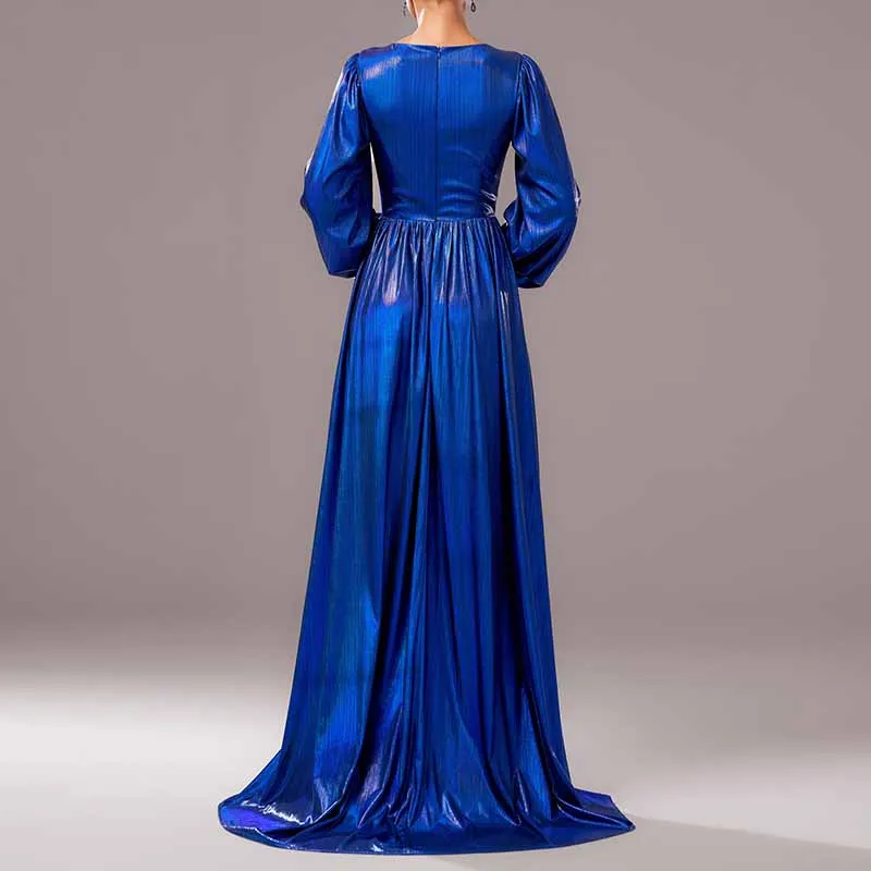 Gilding Royal Blue Prom Dress V-Neck A-Line Evening Dress With Sleeves