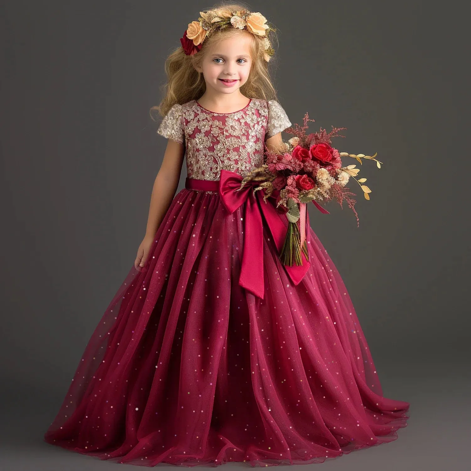 Girls Dress Lace Princess Pageant Birthday Party First Communion Gowns Bridesmaid Flower Girl Dresses For Wedding