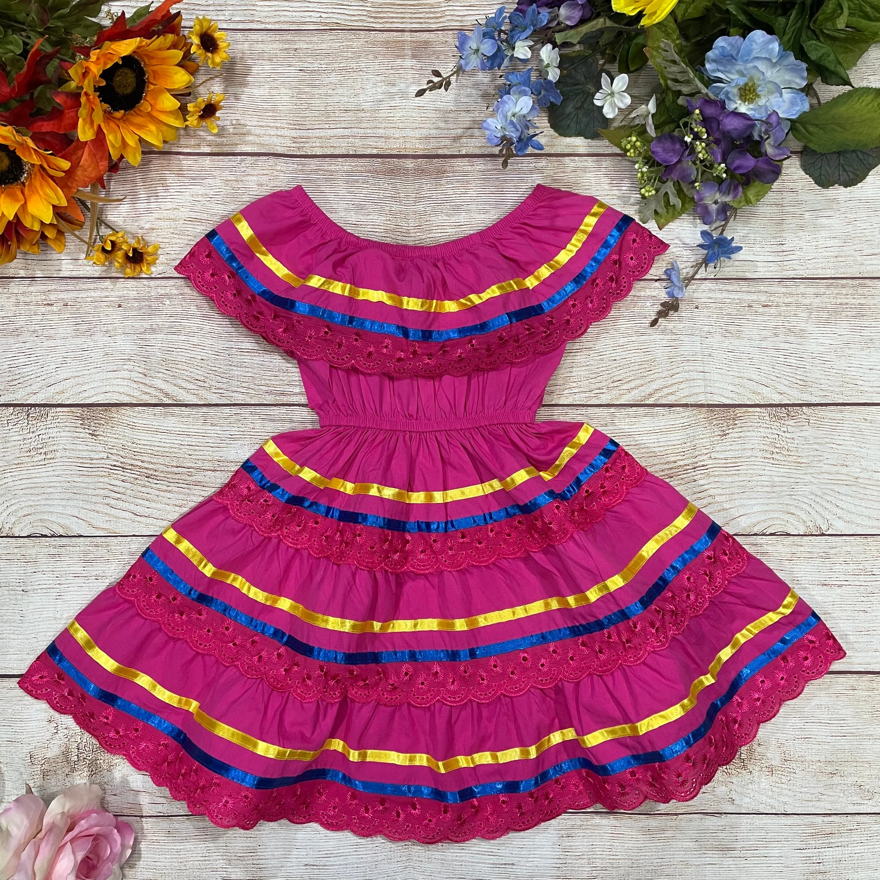 Girl's Pink Traditional Mexican Cinco De Mayo Fiesta Dress 2-14