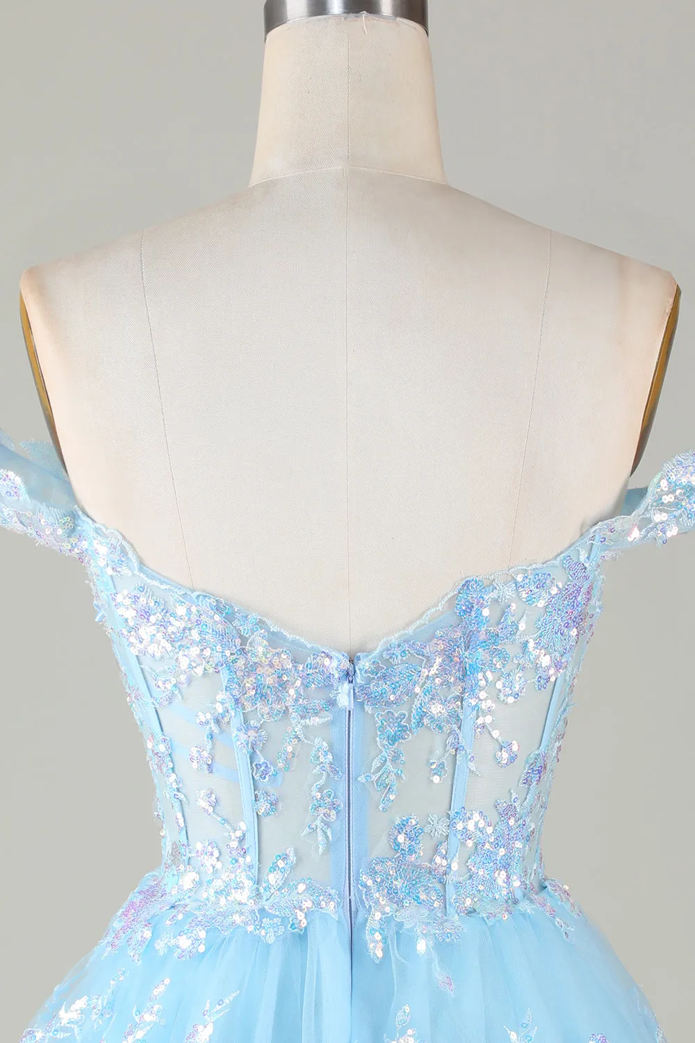 Glitter Blue Asymmetrical A-Line Short Lace Party Dress