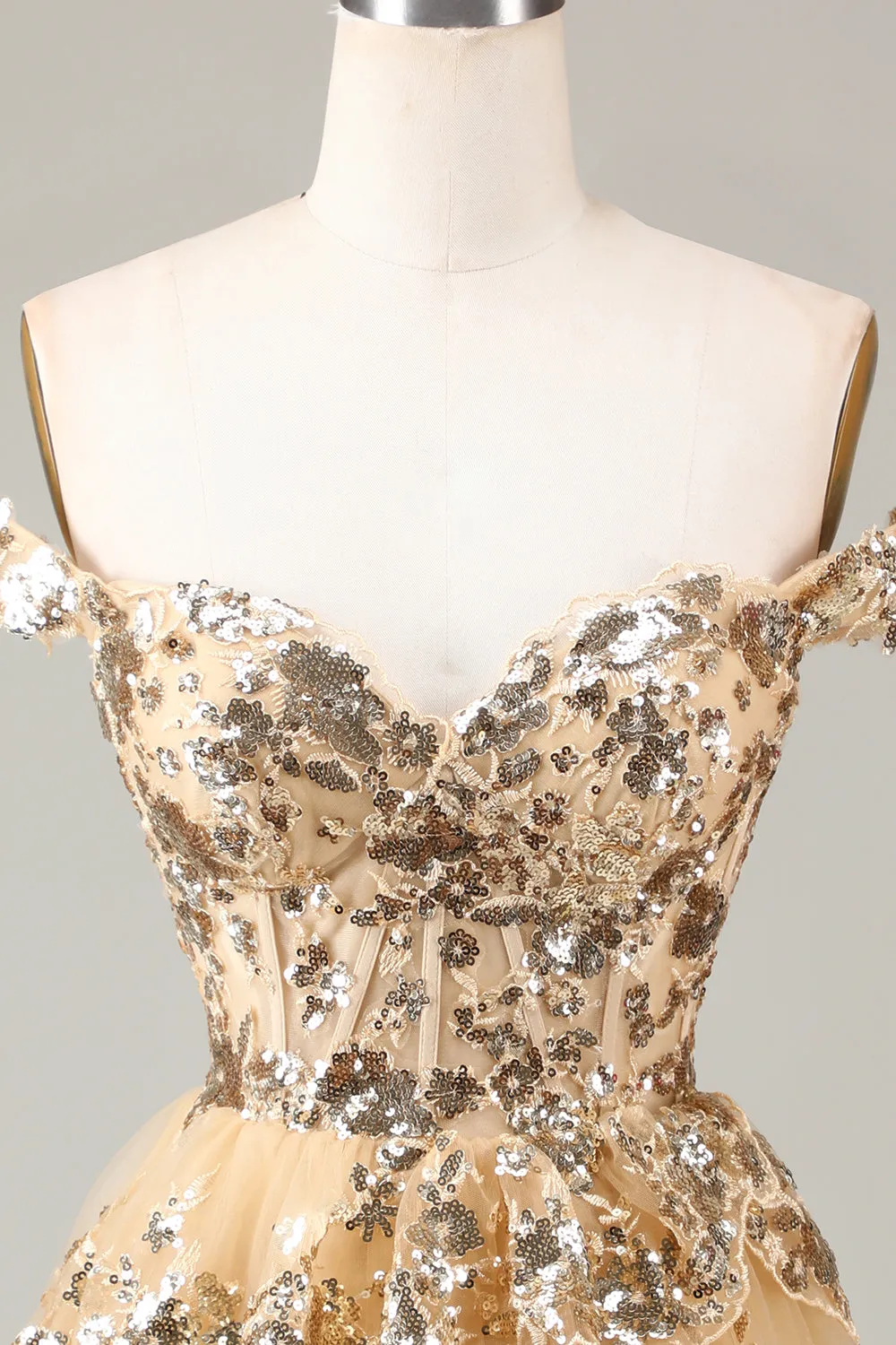 Glitter Golden Asymmetrical A-Line Short Lace Party Dress