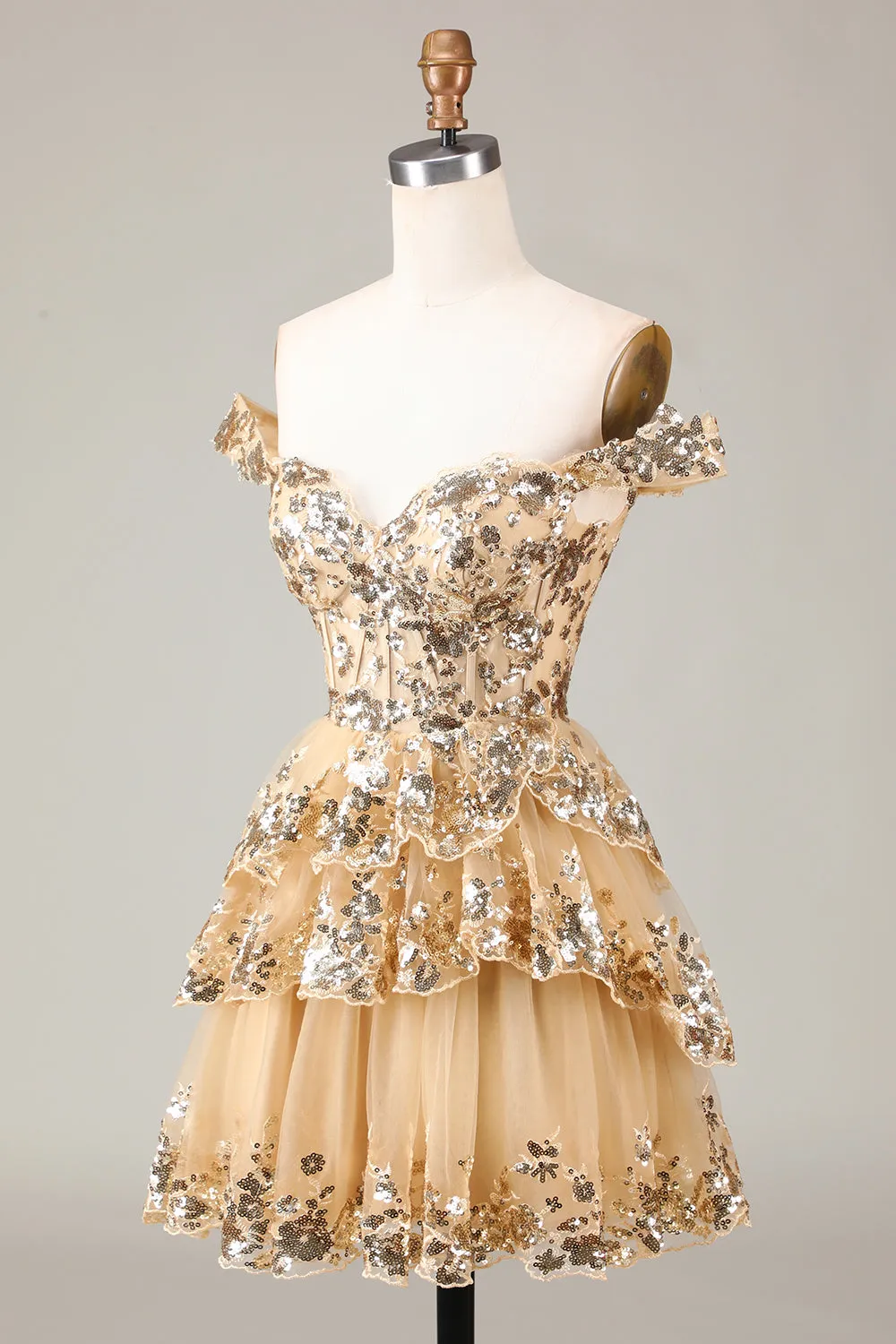 Glitter Golden Asymmetrical A-Line Short Lace Party Dress