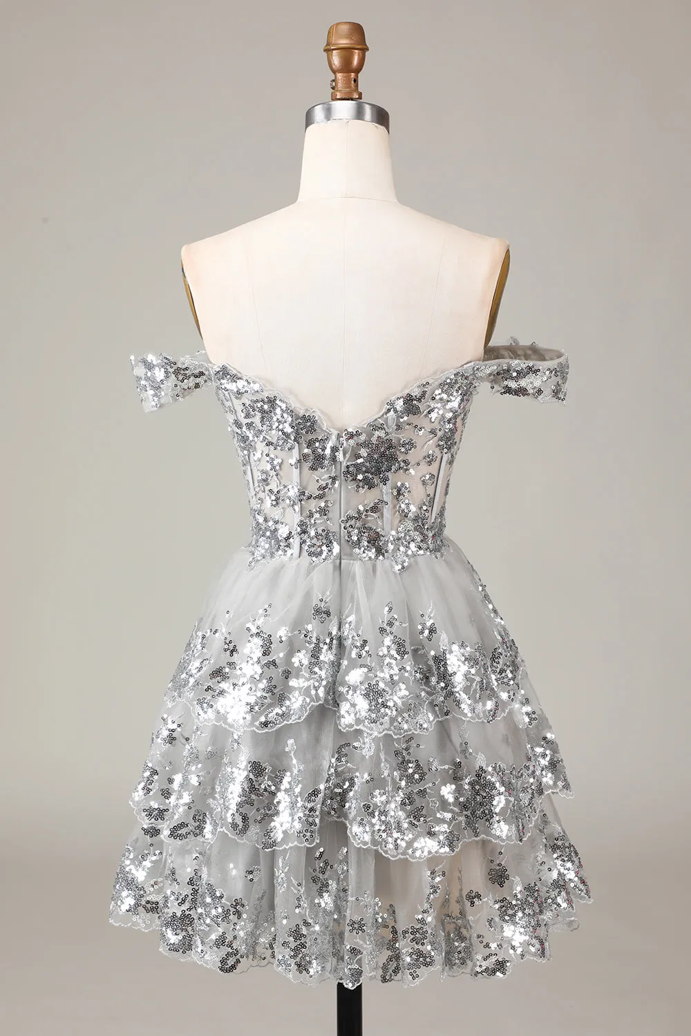 Glitter Golden Asymmetrical A-Line Short Lace Party Dress