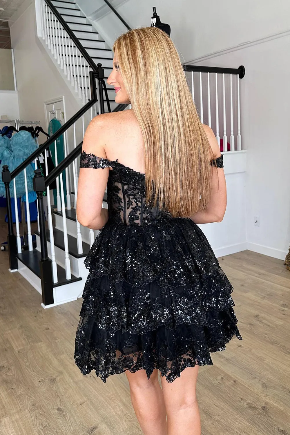 Glitter Golden Asymmetrical A-Line Short Lace Party Dress