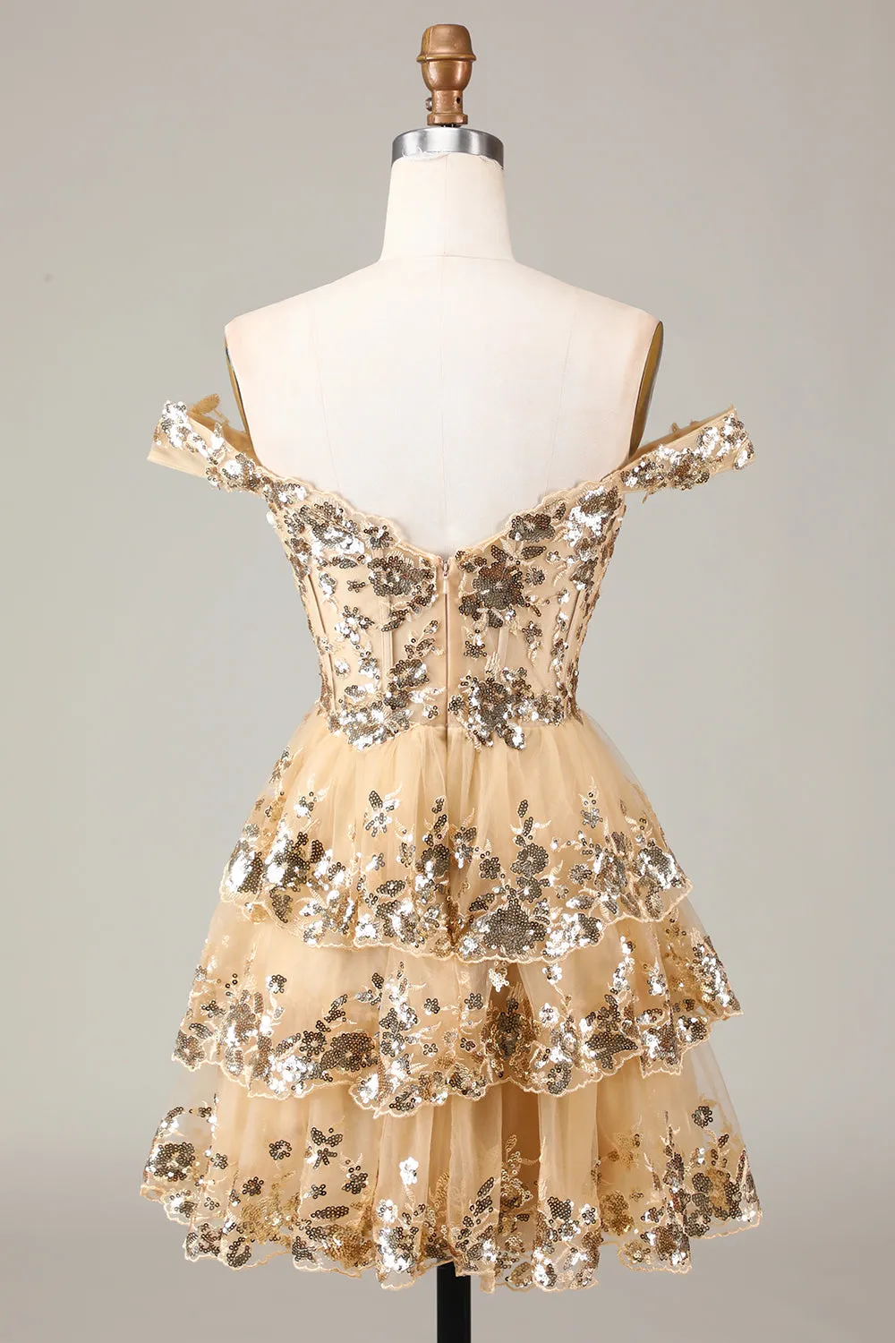 Glitter Golden Asymmetrical A-Line Short Lace Party Dress
