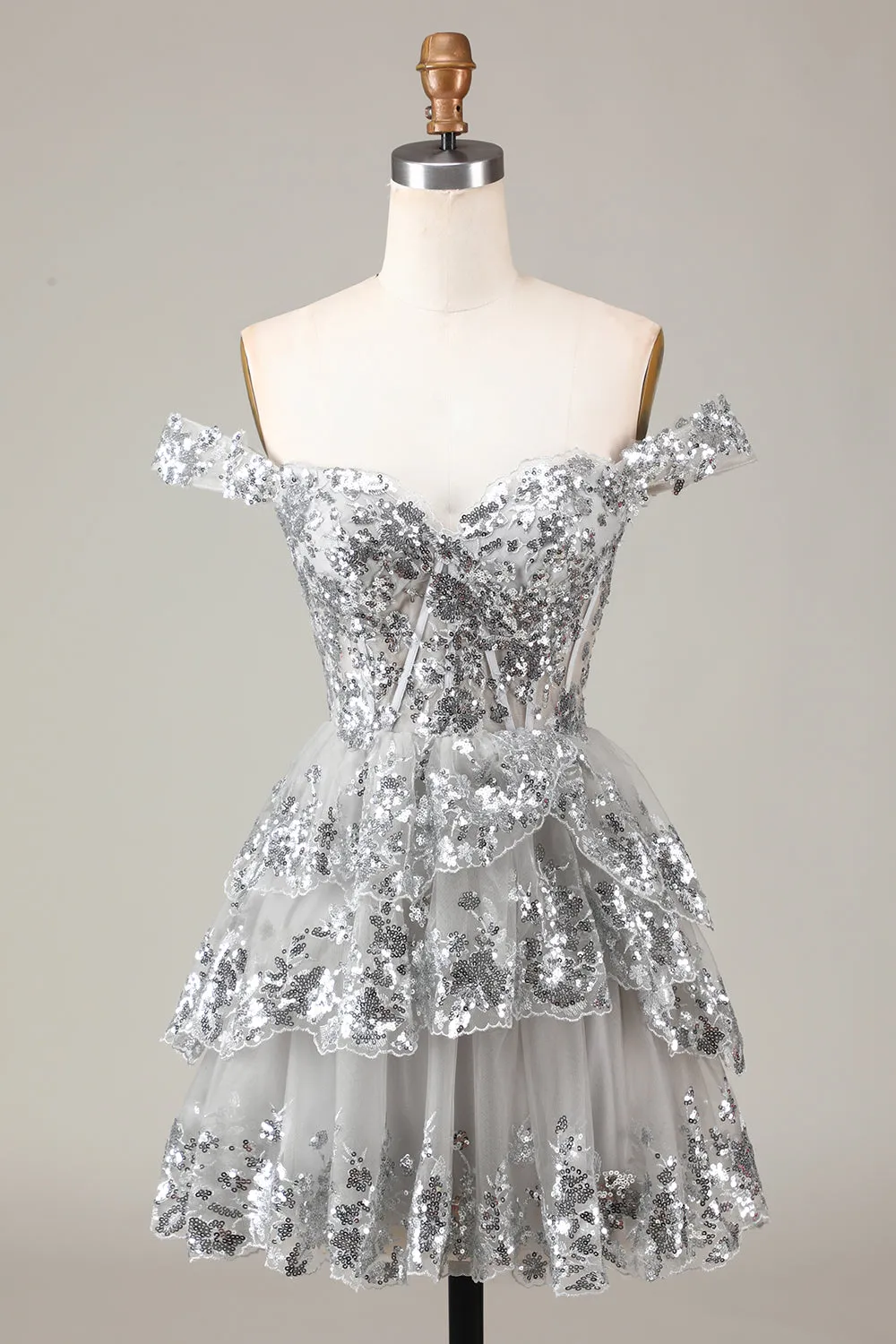Glitter Golden Asymmetrical A-Line Short Lace Party Dress