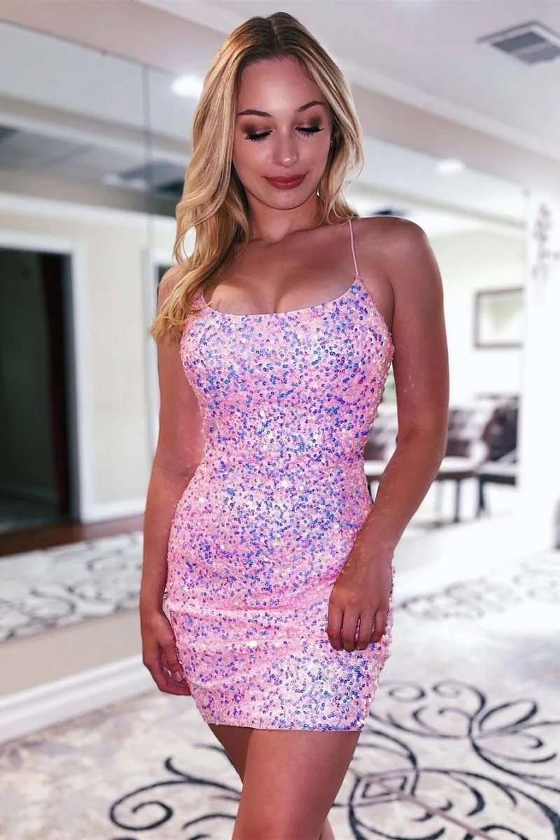 Glitter Sequin Spaghetti Straps Lace Up Tight Homecoming Dresses