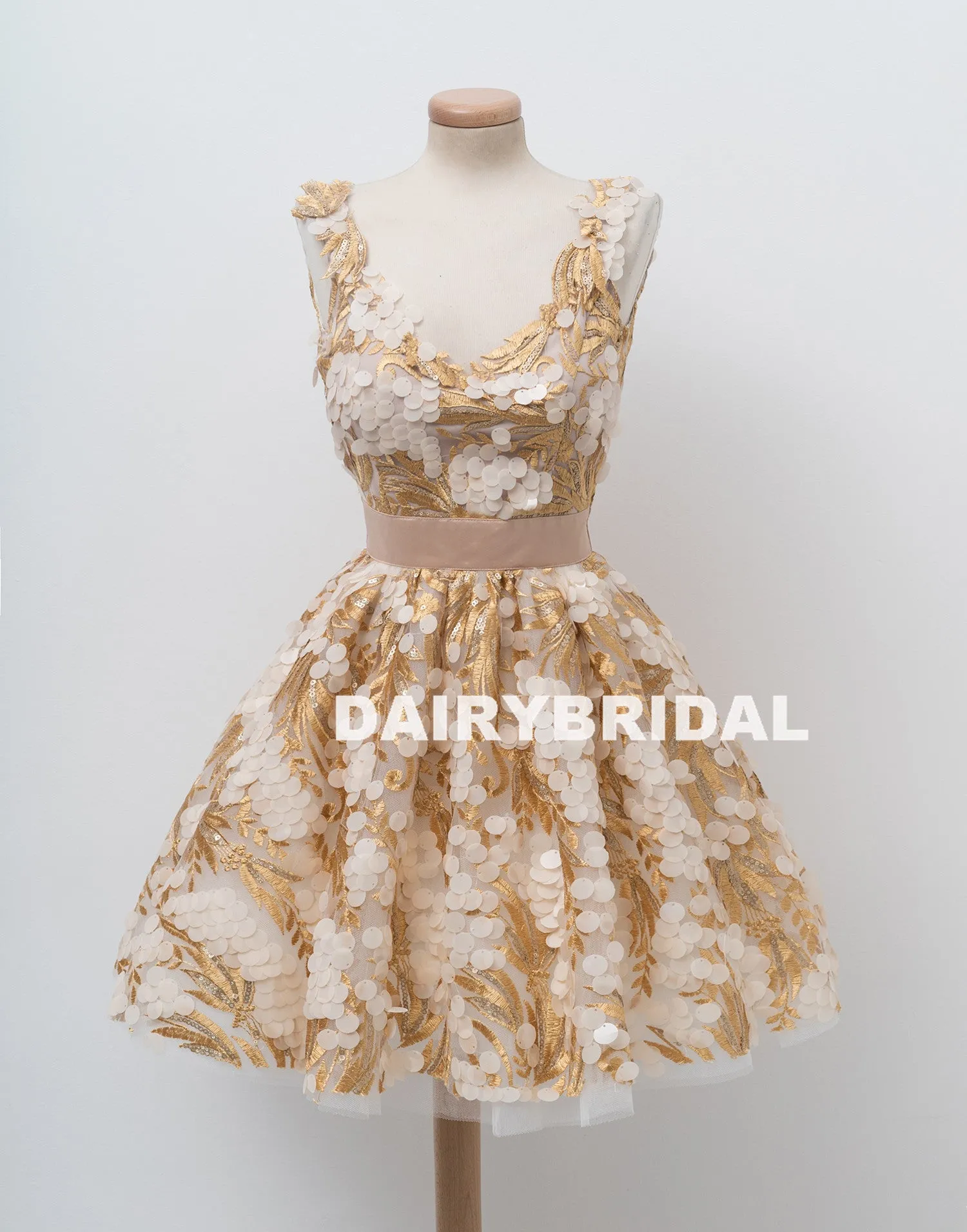 Gold Lace A-Line Homecoming Dress, Sleeveless Tulle Sexy Backless Homecoming Dress, D1311