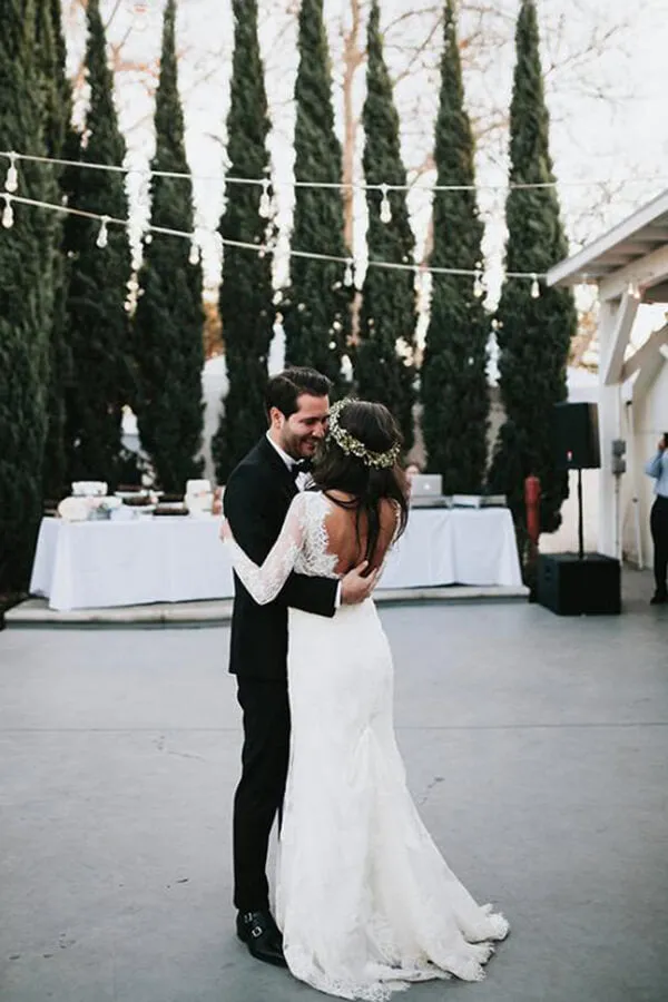 Gorgeous Mermaid V-neck Open Back Lace Long Sleeves Wedding Dresses with Train,MW472