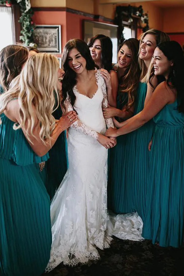 Gorgeous Mermaid V-neck Open Back Lace Long Sleeves Wedding Dresses with Train,MW472