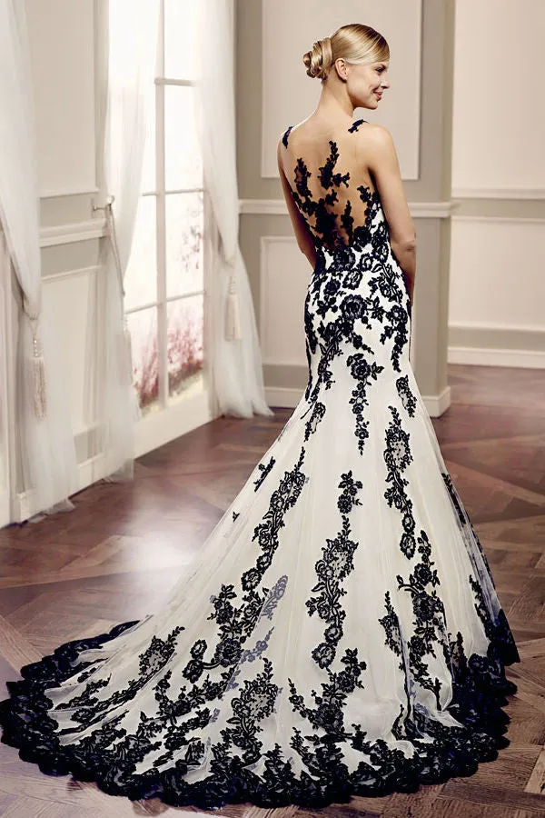 Gothic Mermaid Black and White Lace Wedding Dresses Whimsical Spaghetti Strap Tulle Applique Bridal Gown with Court Train