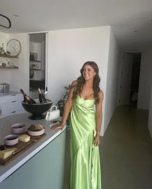 Green Birthday Party Dress Satin A Line Long Prom Dress With Slit      fg5937