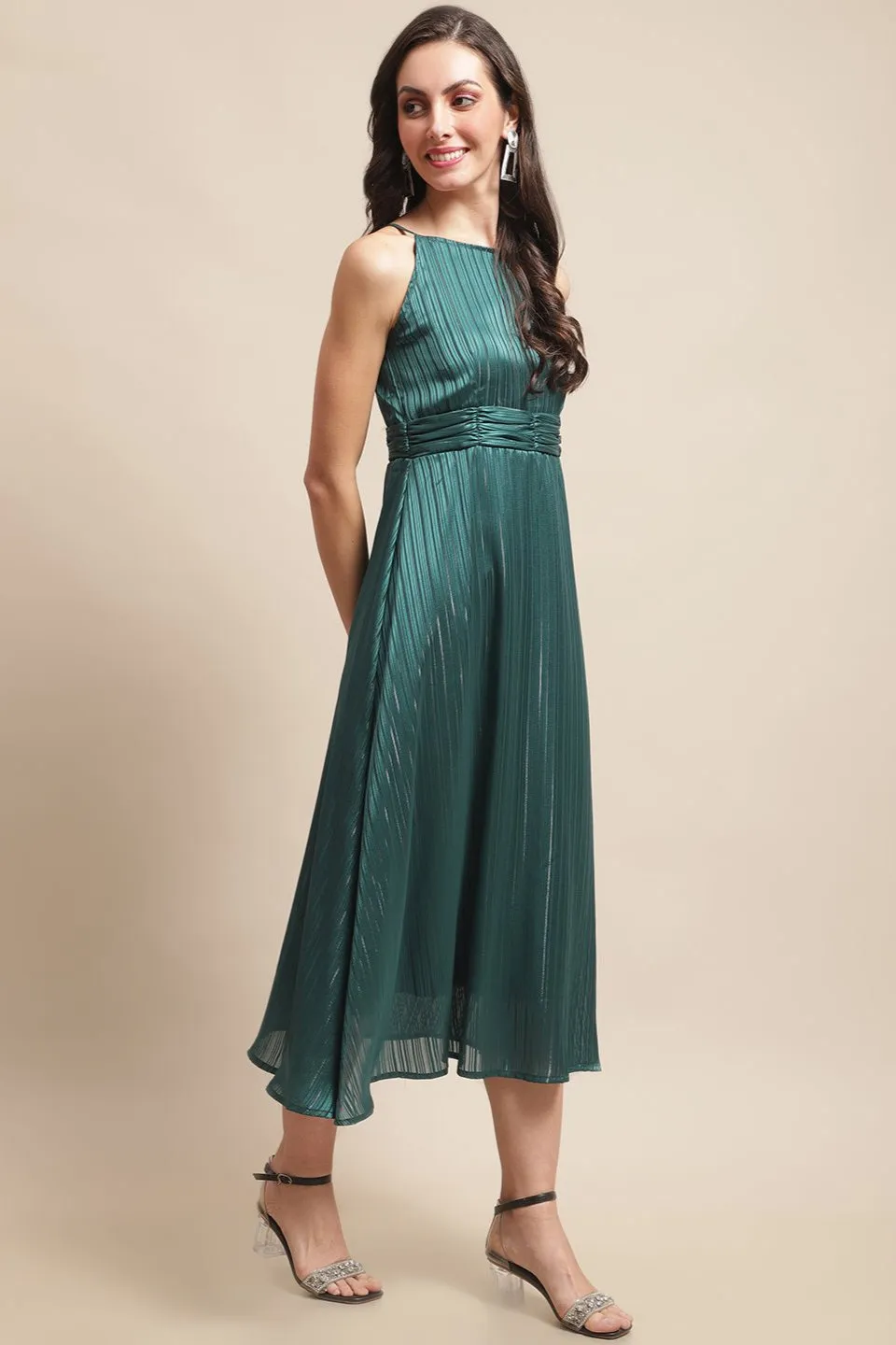 Green Color Solid Printed Self Design Georgette Dress For Women