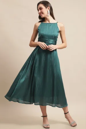 Green Color Solid Printed Self Design Georgette Dress For Women