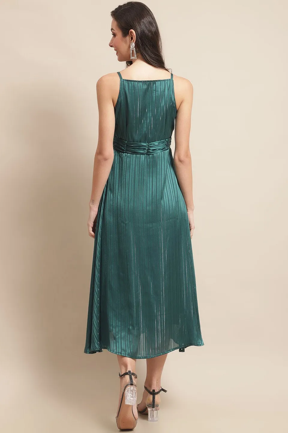 Green Color Solid Printed Self Design Georgette Dress For Women