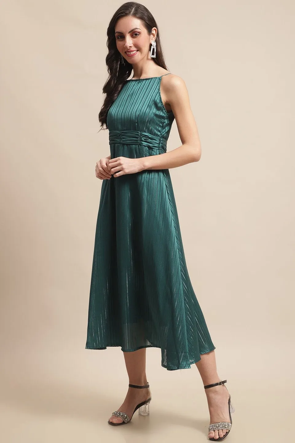 Green Color Solid Printed Self Design Georgette Dress For Women