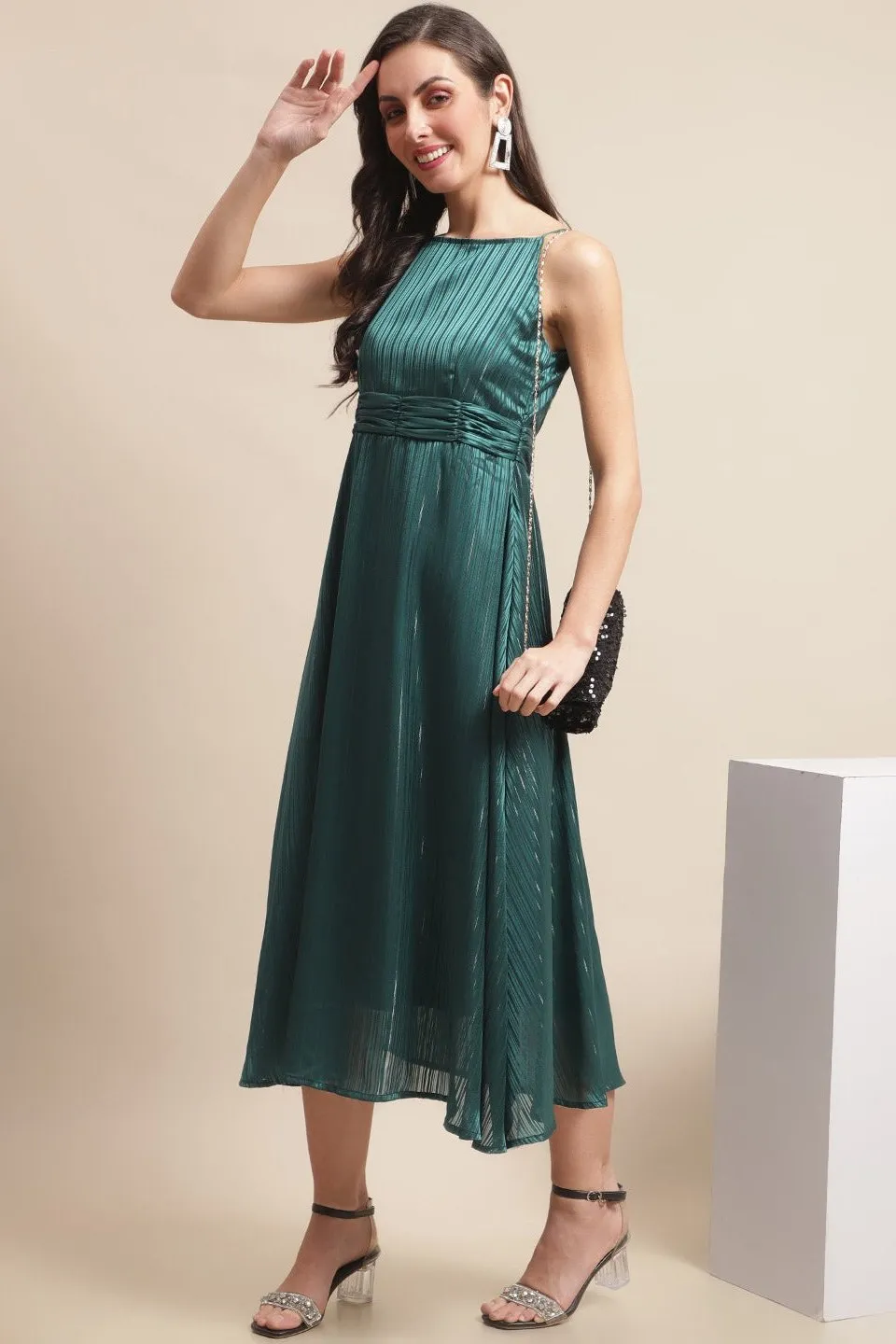Green Color Solid Printed Self Design Georgette Dress For Women