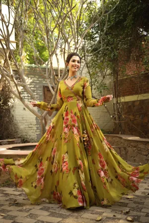 Green Organza Floral Print Angrakha Pleated Ethnic Gown