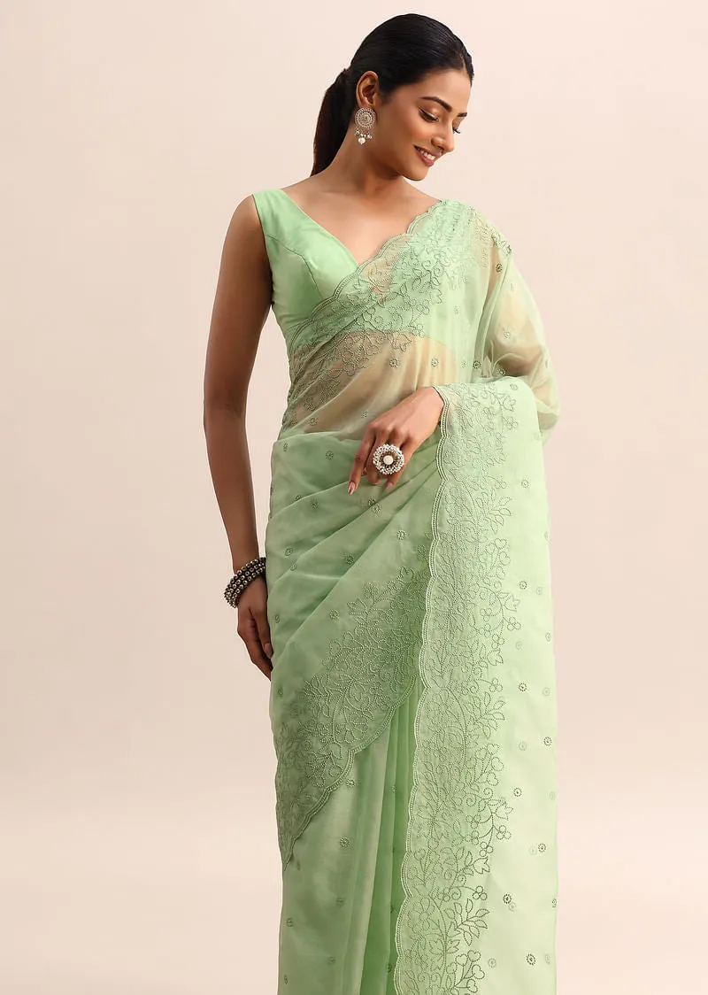 Green Organza Saree With Floral Thread Work Border