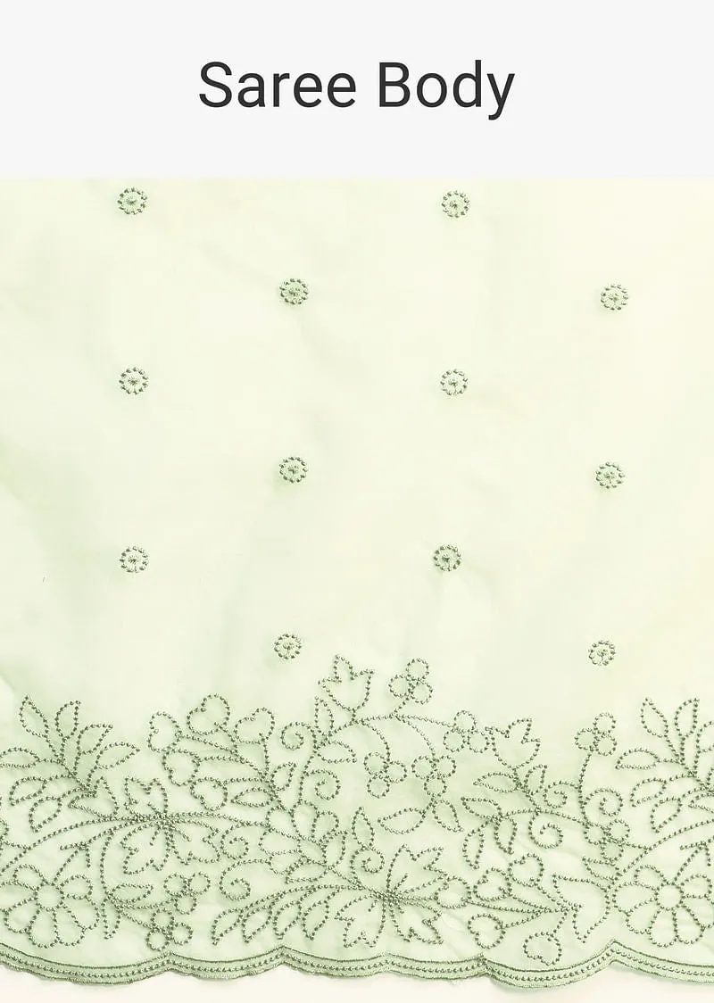 Green Organza Saree With Floral Thread Work Border