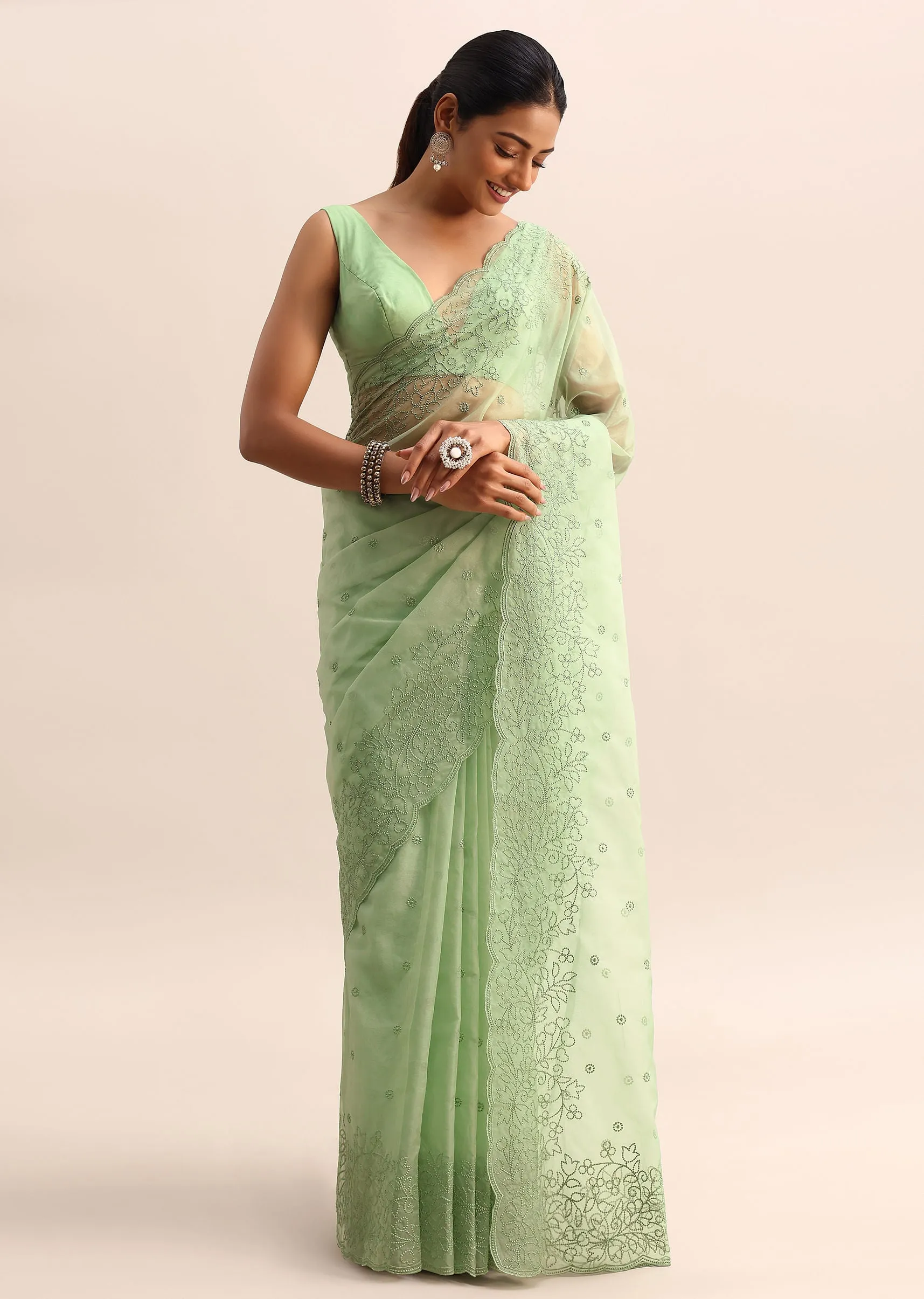 Green Organza Saree With Floral Thread Work Border