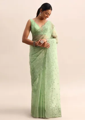 Green Organza Saree With Floral Thread Work Border
