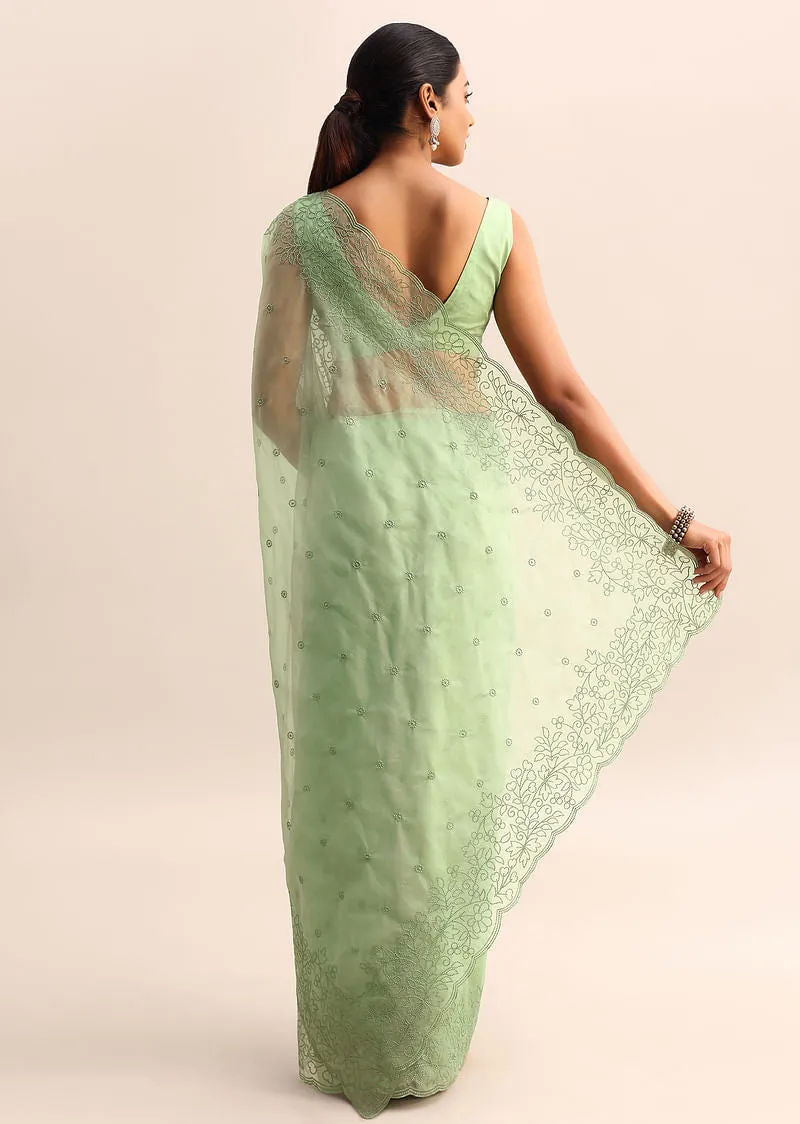 Green Organza Saree With Floral Thread Work Border