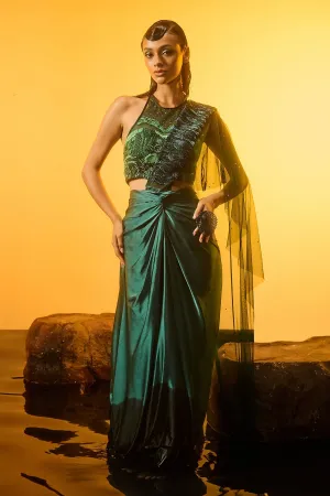 Green Saree & Halter Neck Blouse
