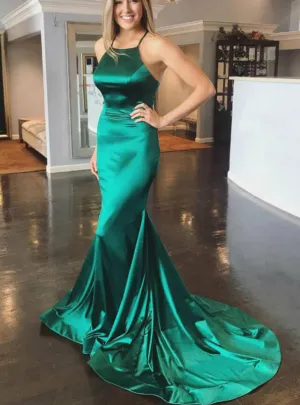 Green Satin Halter Prom Dresses Mermaid Formal Dress Crossed Straps Back