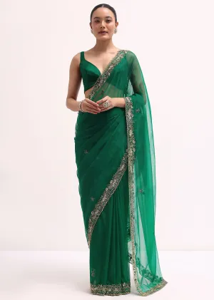 Green Scallop Border Organza Saree With stitched Blouse