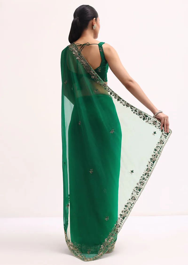Green Scallop Border Organza Saree With stitched Blouse