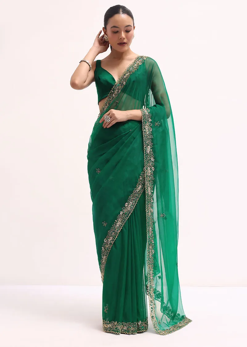 Green Scallop Border Organza Saree With stitched Blouse