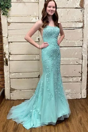 Green Tulle Mermaid Scoop Neck Lace Up Back Prom Dresses, Party Dress, MP835