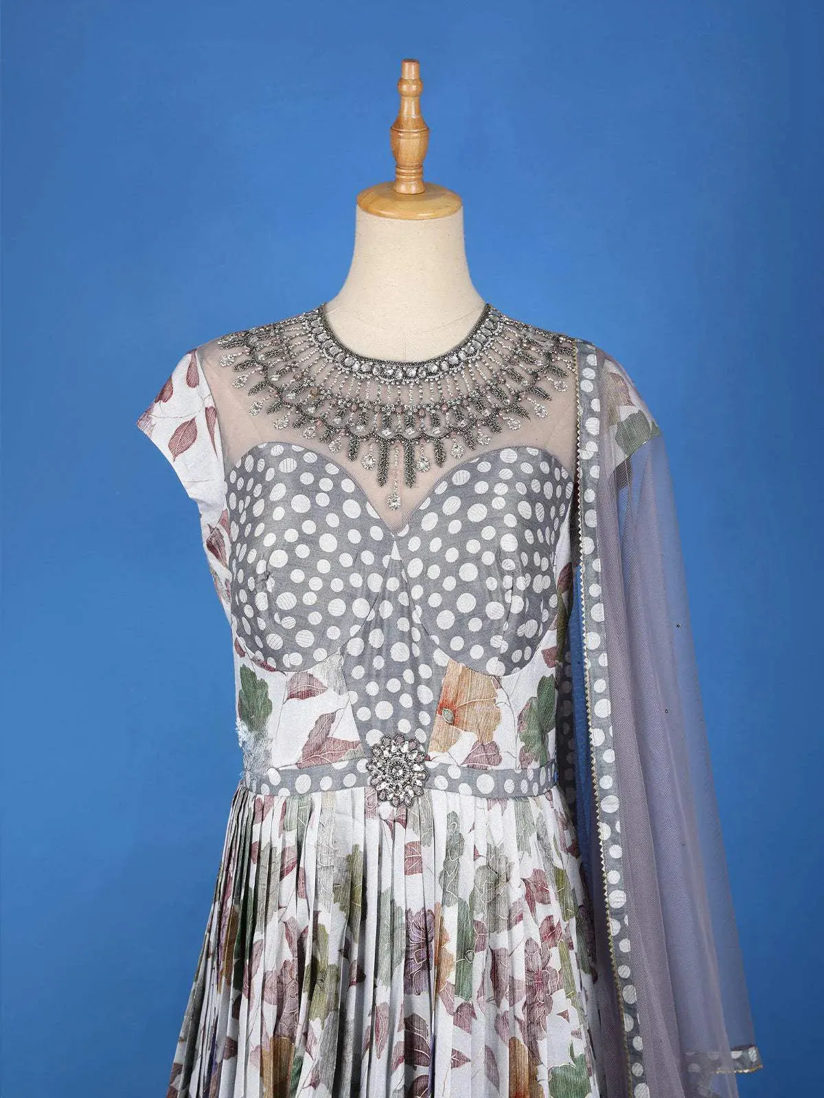 Grey Floral Printed and Embroidery Ethnic Gown