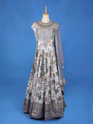 Grey Floral Printed and Embroidery Ethnic Gown