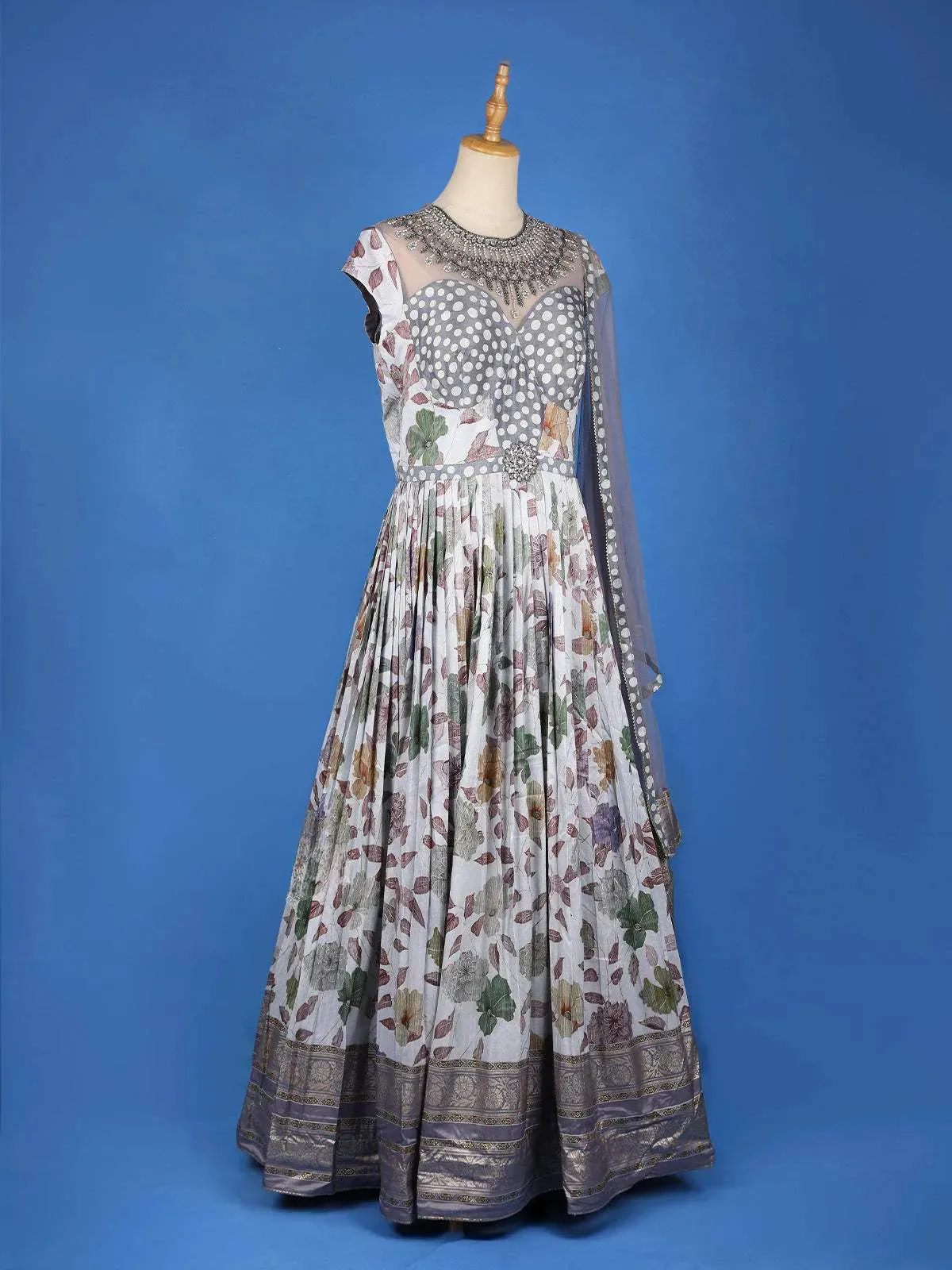Grey Floral Printed and Embroidery Ethnic Gown