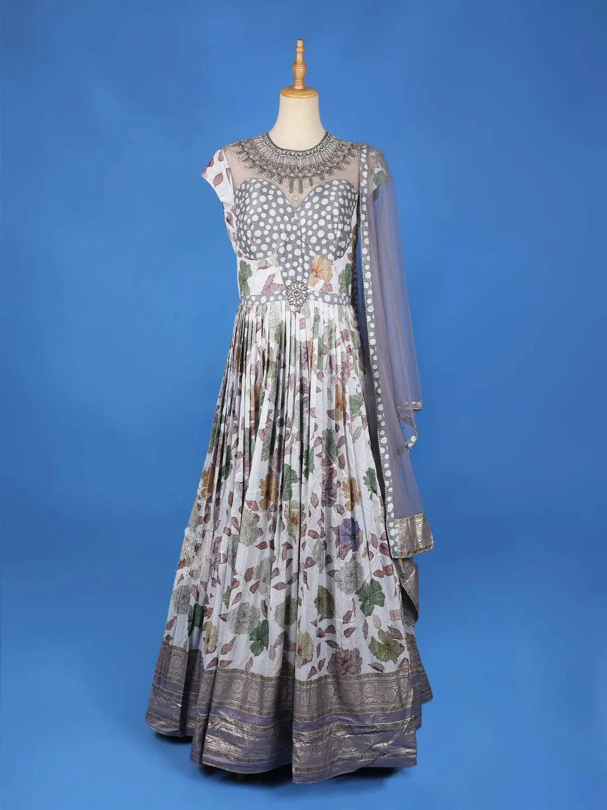 Grey Floral Printed and Embroidery Ethnic Gown