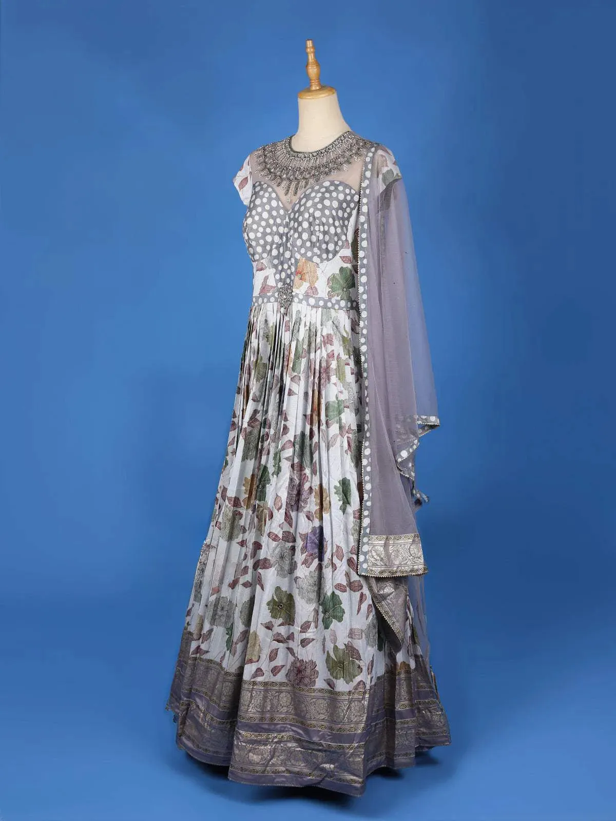 Grey Floral Printed and Embroidery Ethnic Gown