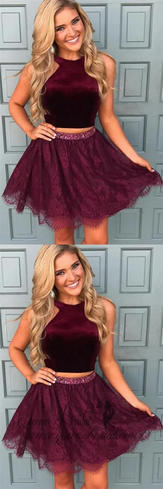 Halter Two Piece Red Lace Cheap Homecoming Dresses 2025 , CM413