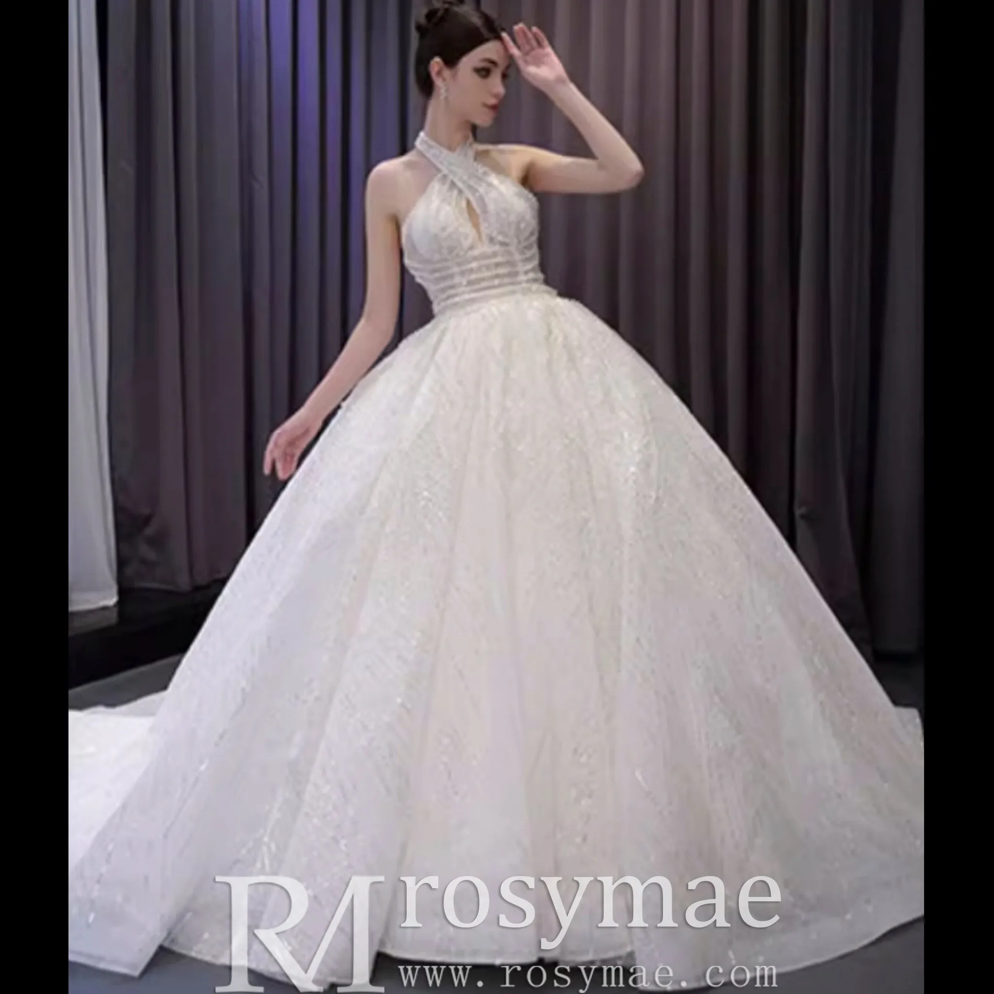 Handmade Puffy Ball Gown Sequins Wedding Dress with Detachable Skirt