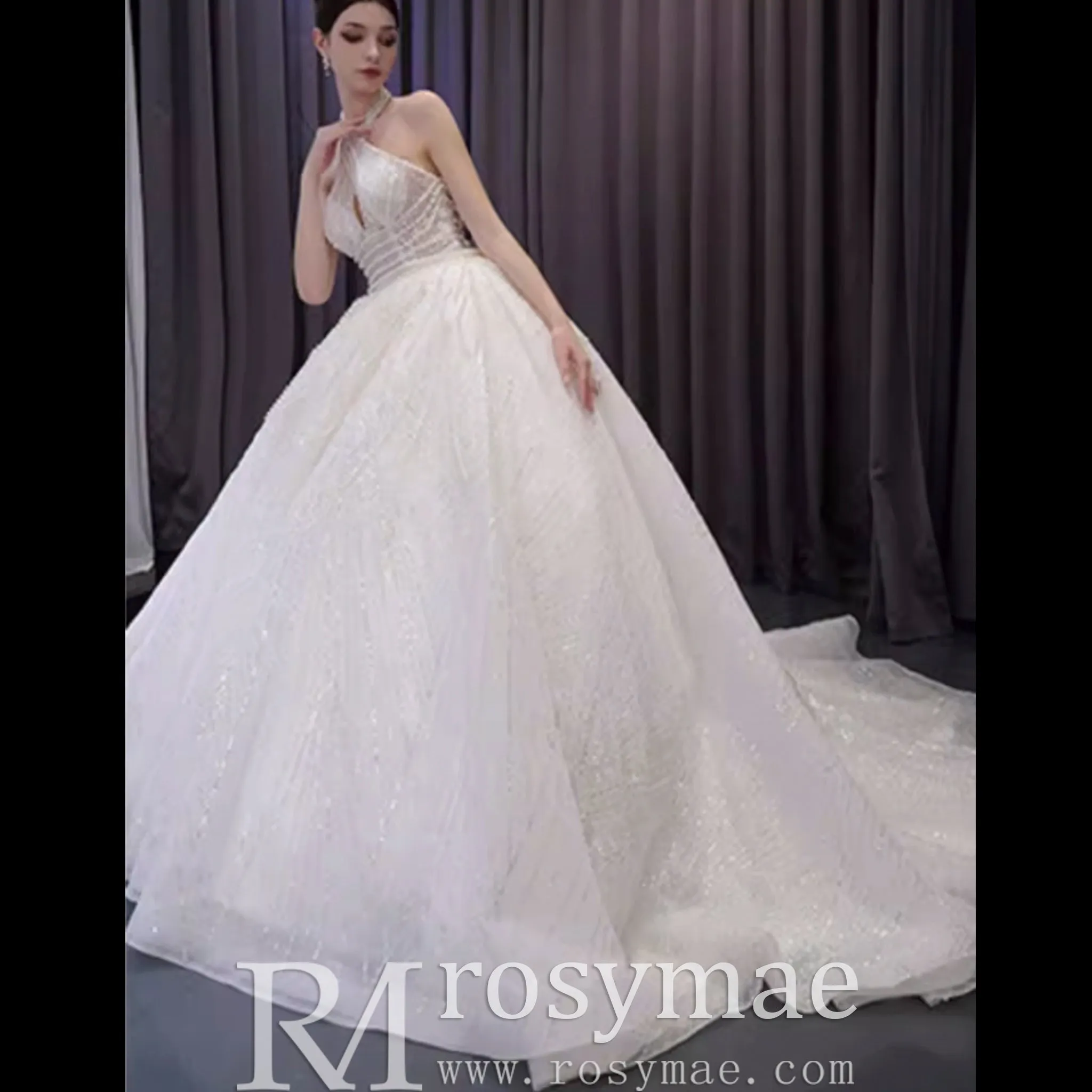 Handmade Puffy Ball Gown Sequins Wedding Dress with Detachable Skirt