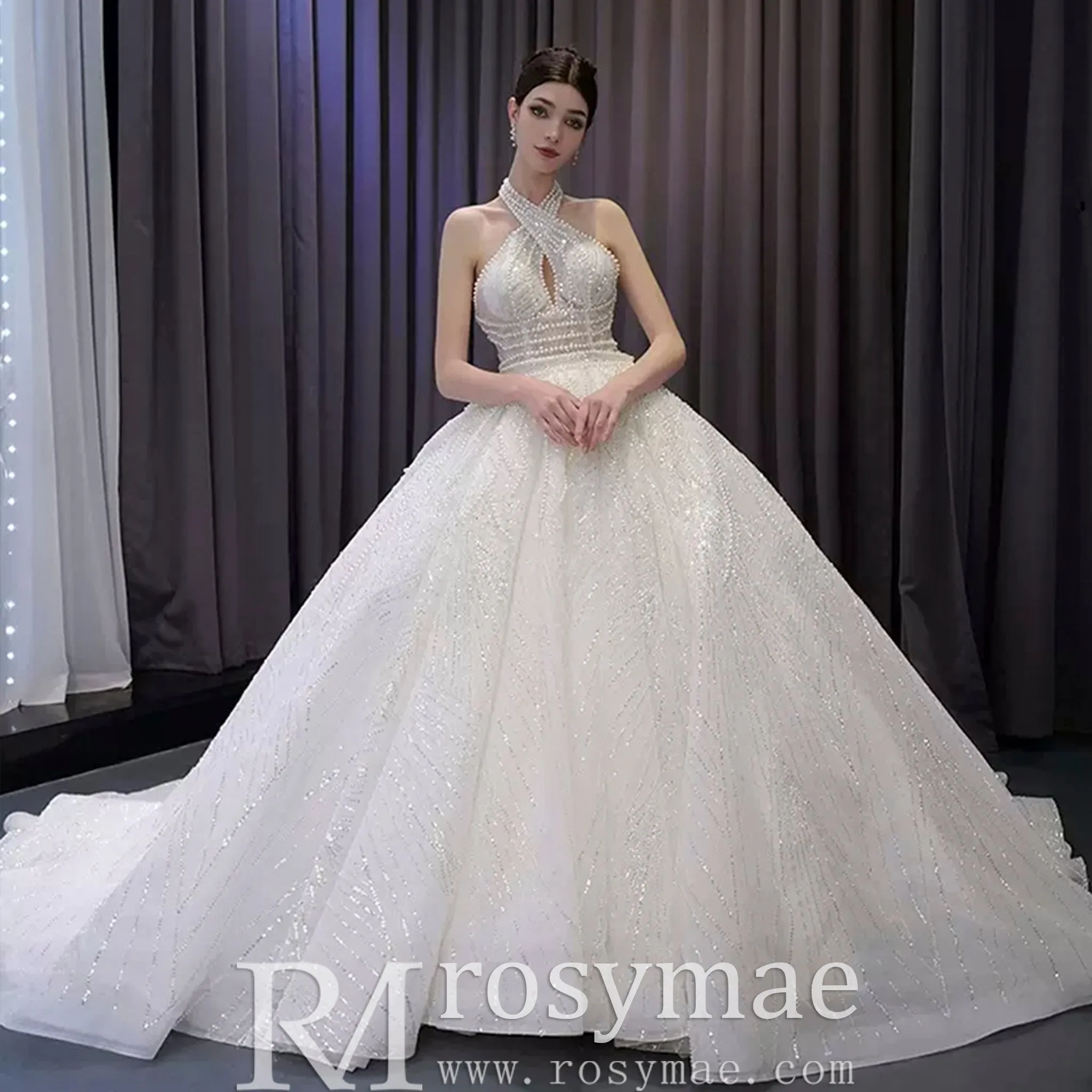 Handmade Puffy Ball Gown Sequins Wedding Dress with Detachable Skirt