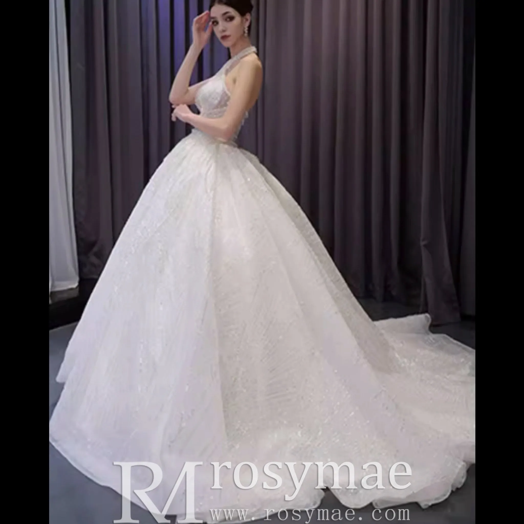 Handmade Puffy Ball Gown Sequins Wedding Dress with Detachable Skirt