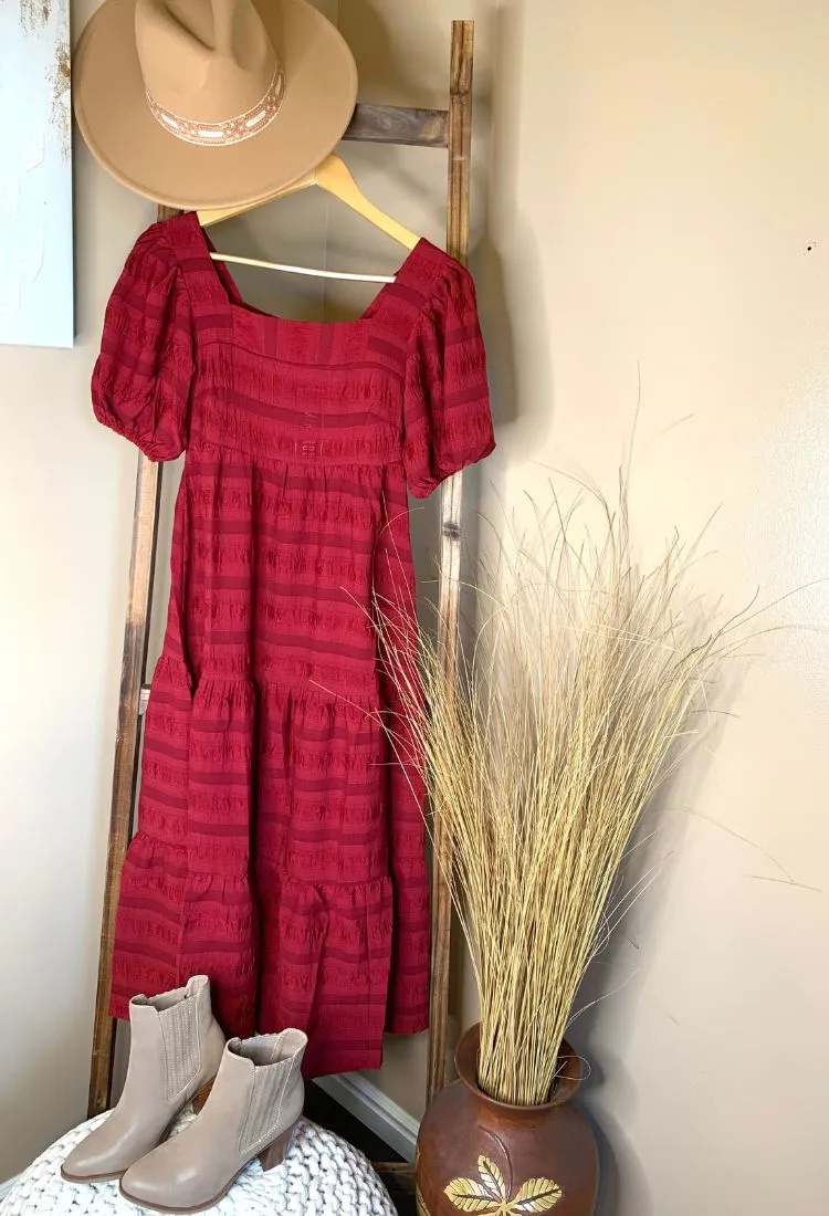 Harlow Puff Sleeve Midi Dress in Red
