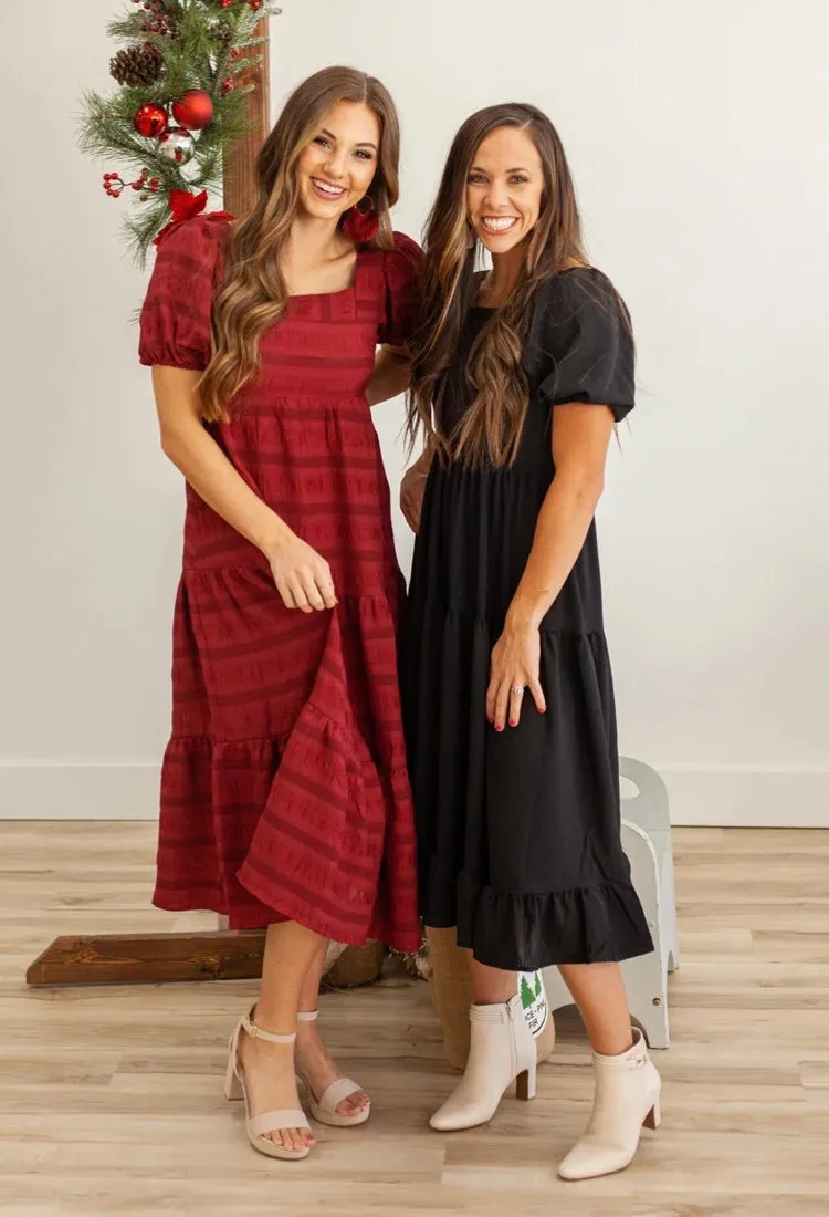Harlow Puff Sleeve Midi Dress in Red