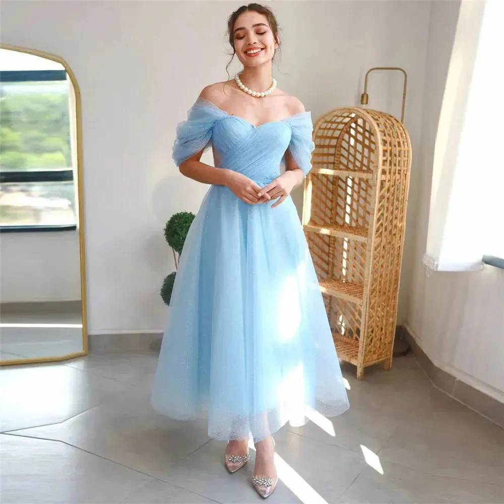 Hearty Sky Blue Tulle Prom Dresses Off The Shoulder A-Line Pleat Ruched Gowns Homecoming Dress Graduation Party