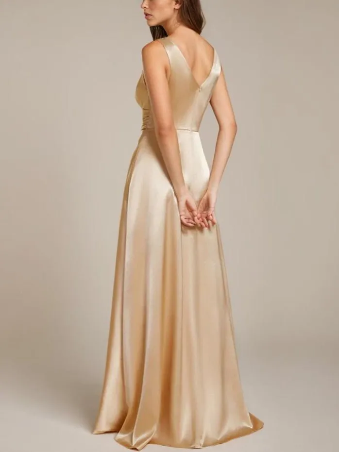 Heidi A line satin light gold wedding gown with pockets