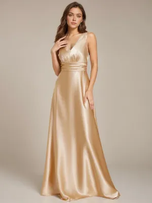 Heidi A line satin light gold wedding gown with pockets