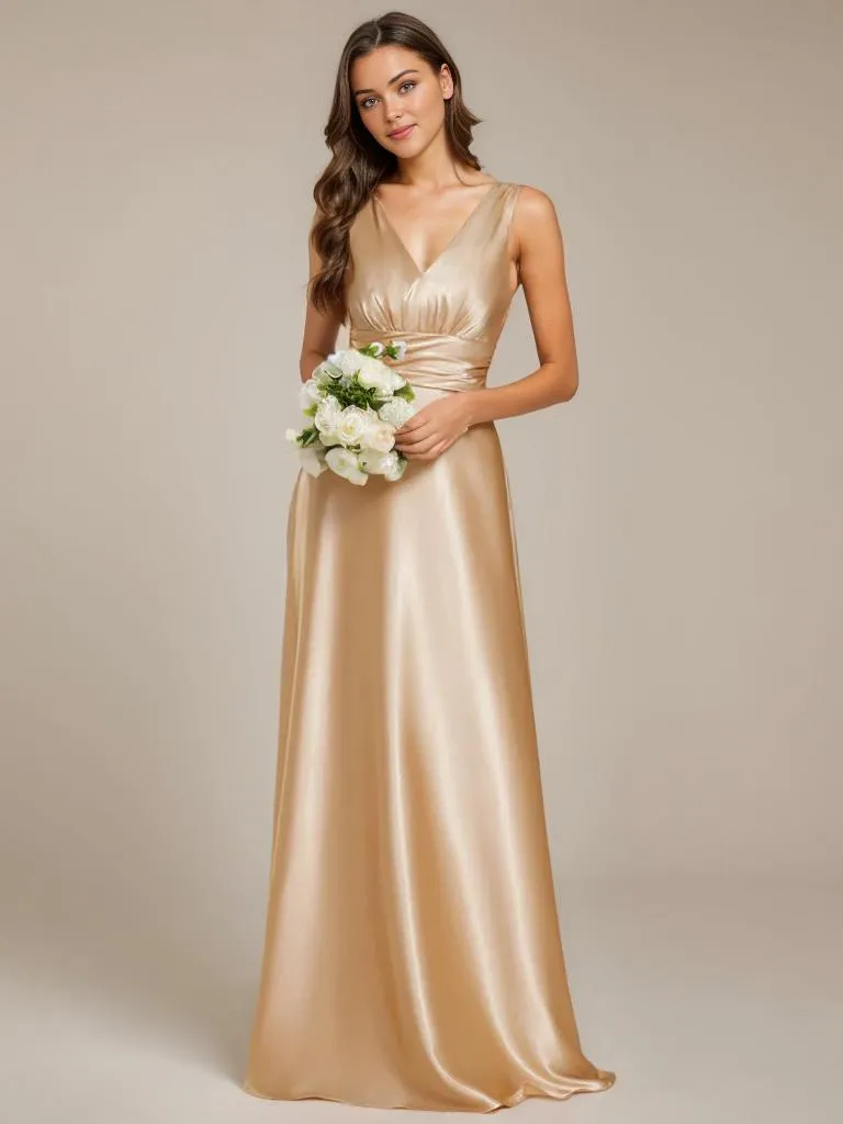 Heidi A line satin light gold wedding gown with pockets